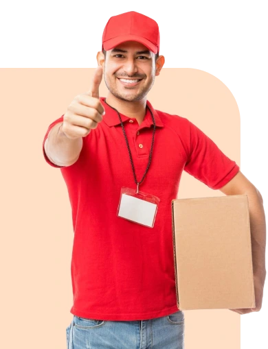 a delivery boy holding a package and a thumbs up